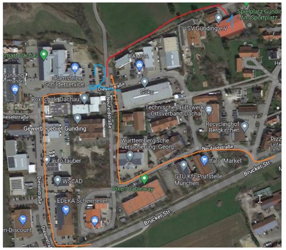 Parkmöglichkeiten am Sportheim SV Günding – Fußweg von der Neufeldstraße / Dieselstraße